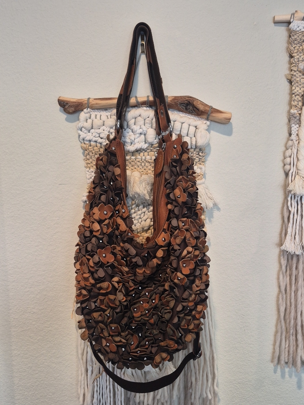 Boho 3D Leather Studded Flower Petal Hobo Crossbody Bag, Double Zipper Closure - Picture 1 of 15